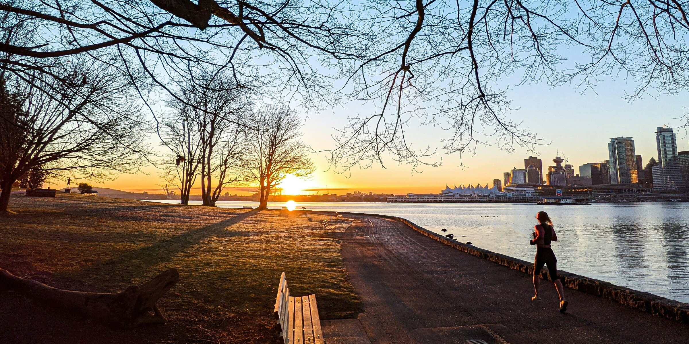 A runner on a waterfront path at sunrise, city skyline across the water
