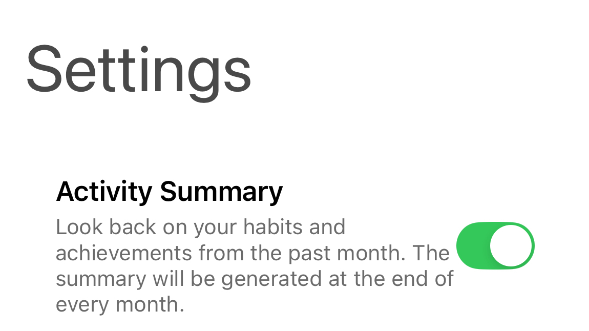 Settings screen with the Activity Summary toggle switched on