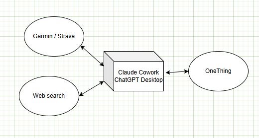 Garmin, Strava and web search feeding an AI client, which connects to OneThing
