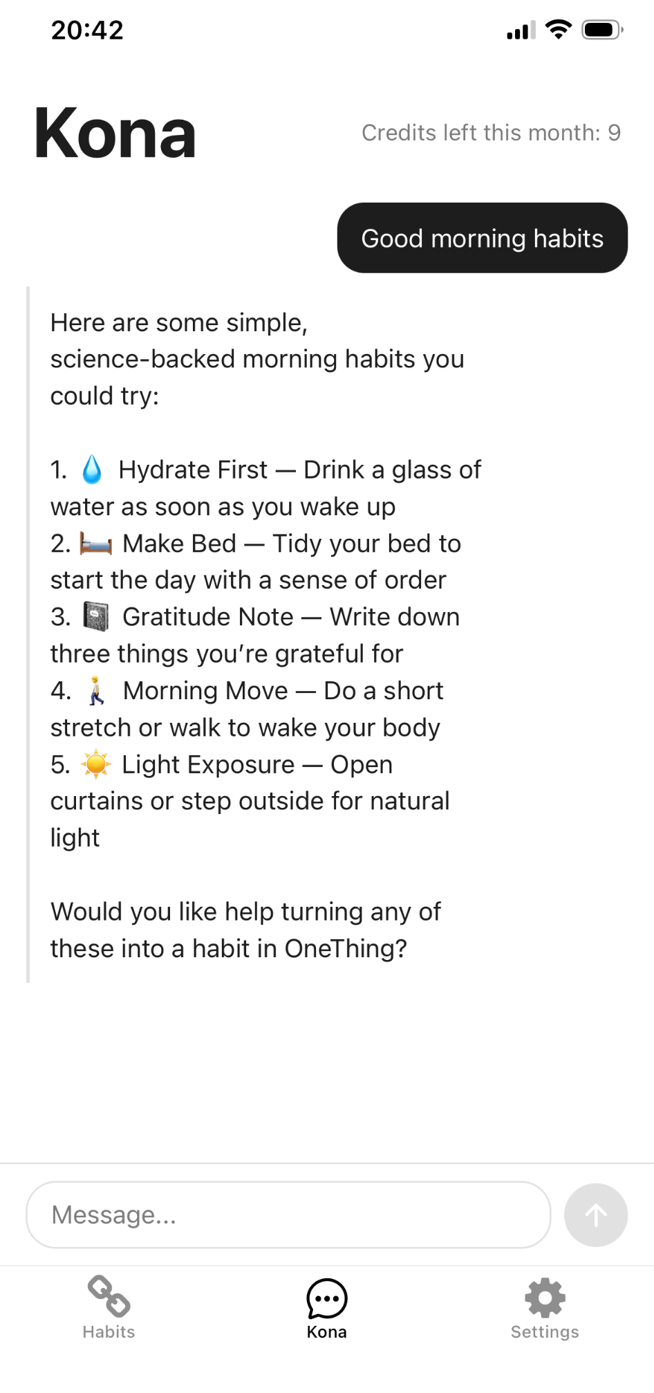 Kona suggesting five morning habits in a chat screen