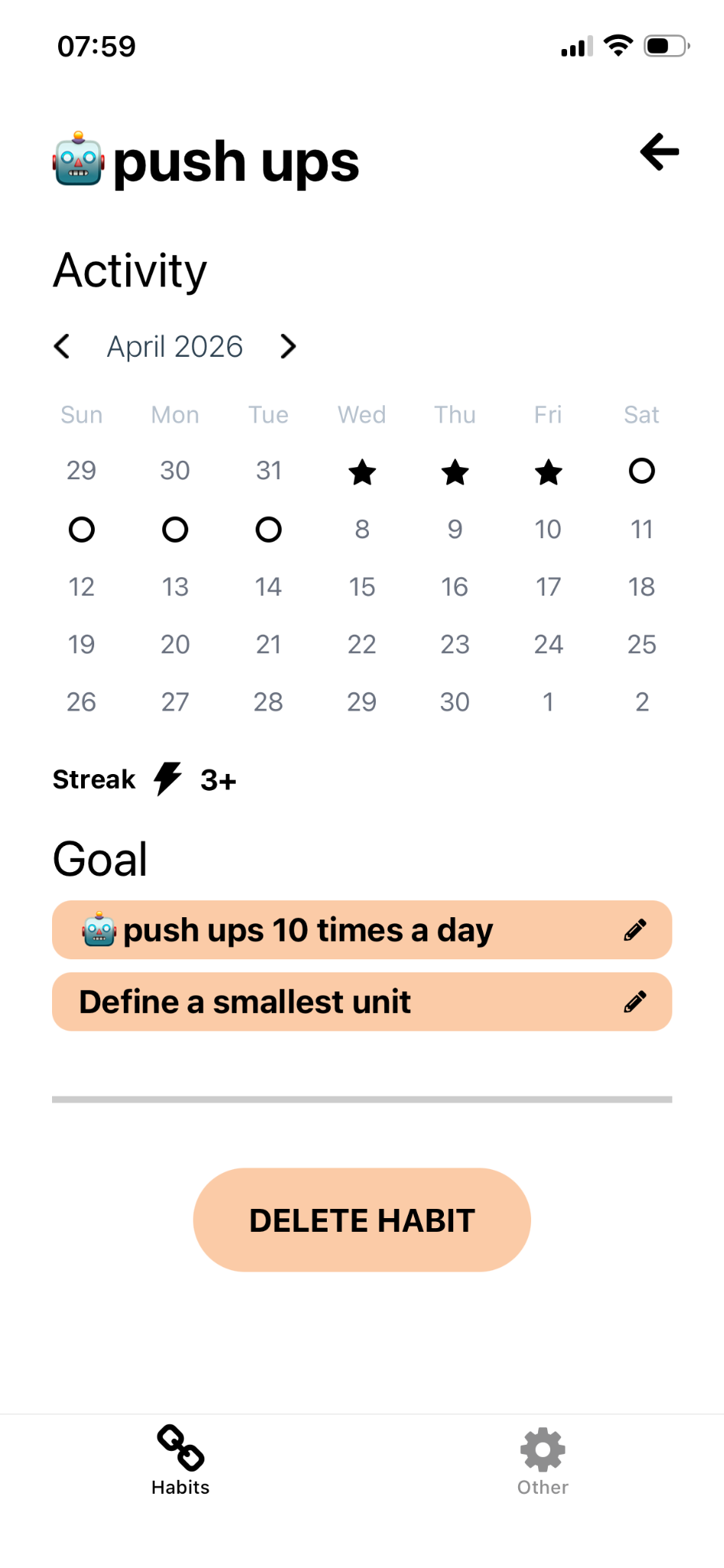 A push ups habit in OneThing showing a three day streak