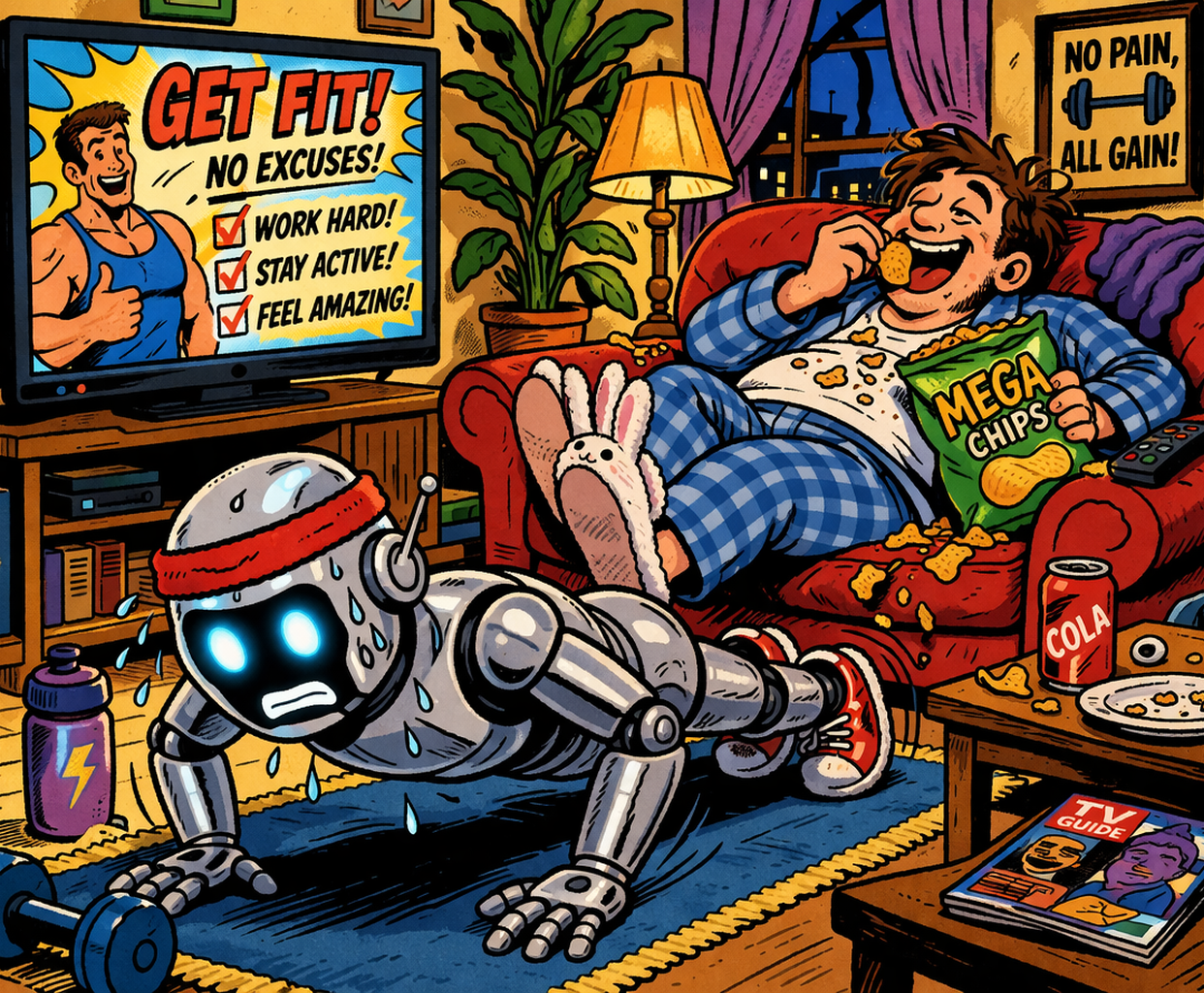 A robot doing push-ups while its owner eats crisps on the sofa